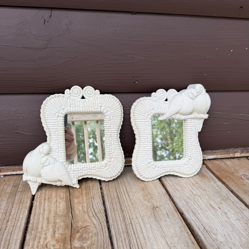 Vintage Homco Lovebird Wall Mirrors Set of 2 White Faux Wicker  Decor